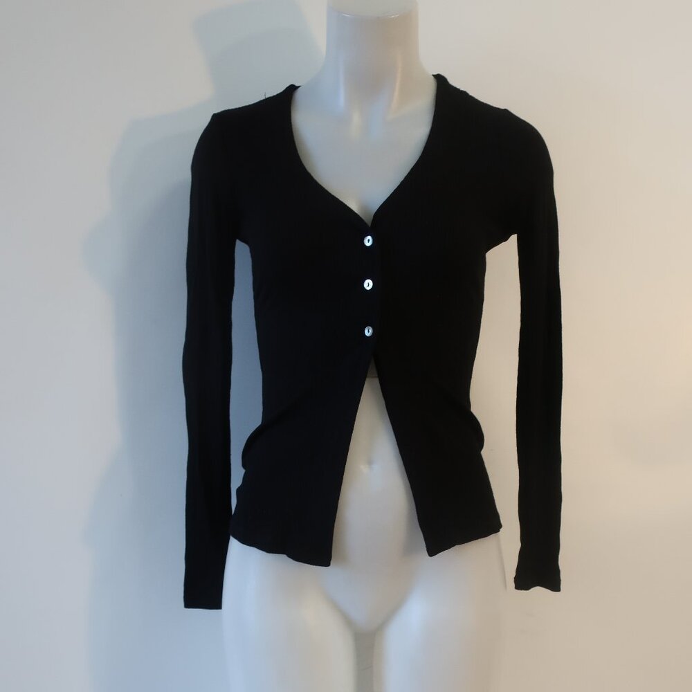 Womens Hashttag Black Ribbed Thin Cardigan Sweater XS